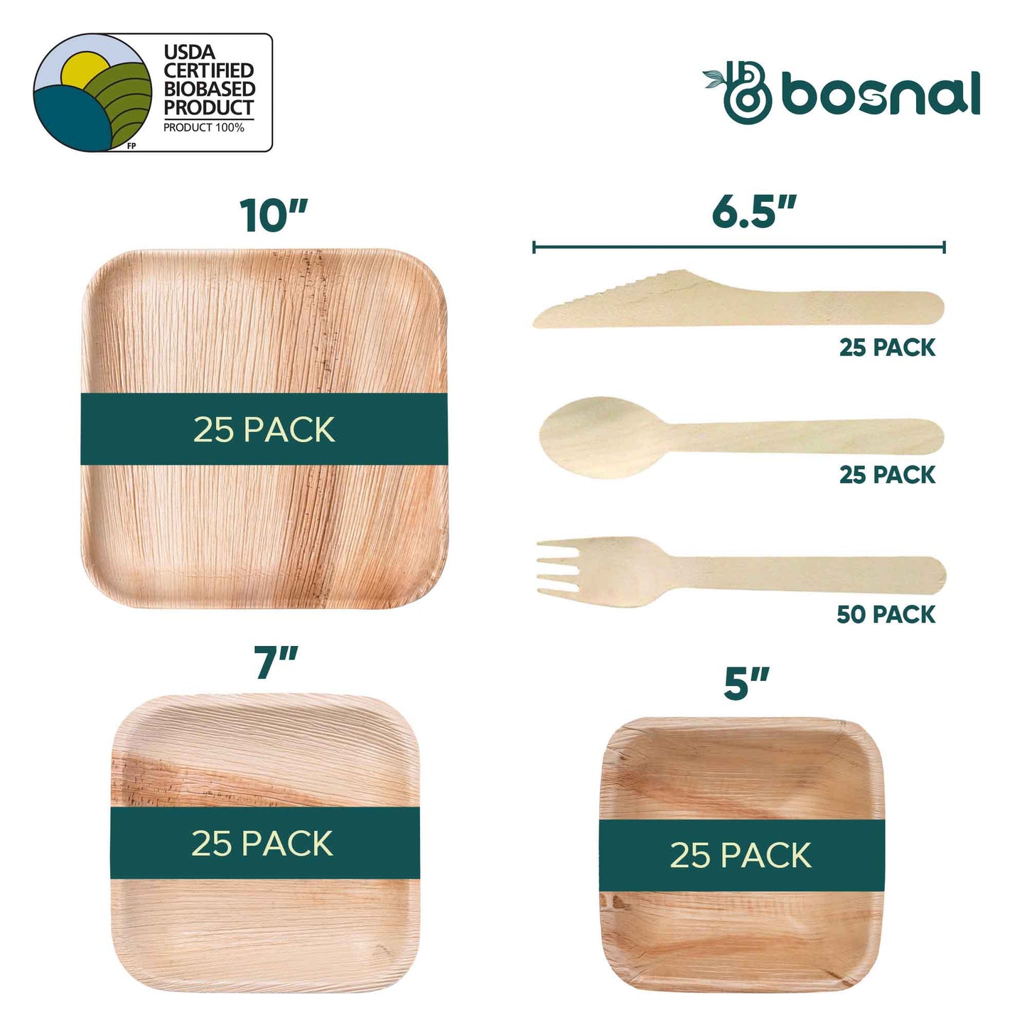 Palm Leaf Biodegradable 10" & 7" Square Plates, 5" Bowls with Cutlery Combo (25 pcs each of Plates, Bowls, Spoons, Knives, 50 Forks), Eco-Friendly, Disposable Dinnerware for Parties, Weddings & Events