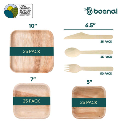 Palm Leaf Biodegradable 10" & 7" Square Plates, 5" Bowls with Cutlery Combo (25 pcs each of Plates, Bowls, Spoons, Knives, 50 Forks), Eco-Friendly, Disposable Dinnerware for Parties, Weddings & Events