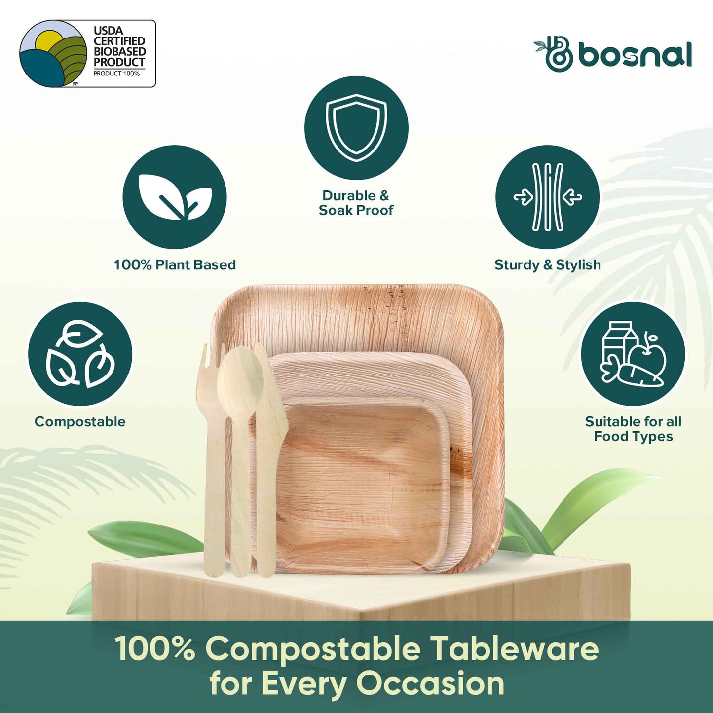 Palm Leaf Biodegradable 10" & 7" Square Plates, 5" Bowls with Cutlery Combo (25 pcs each of Plates, Bowls, Spoons, Knives, 50 Forks), Eco-Friendly, Disposable Dinnerware for Parties, Weddings & Events