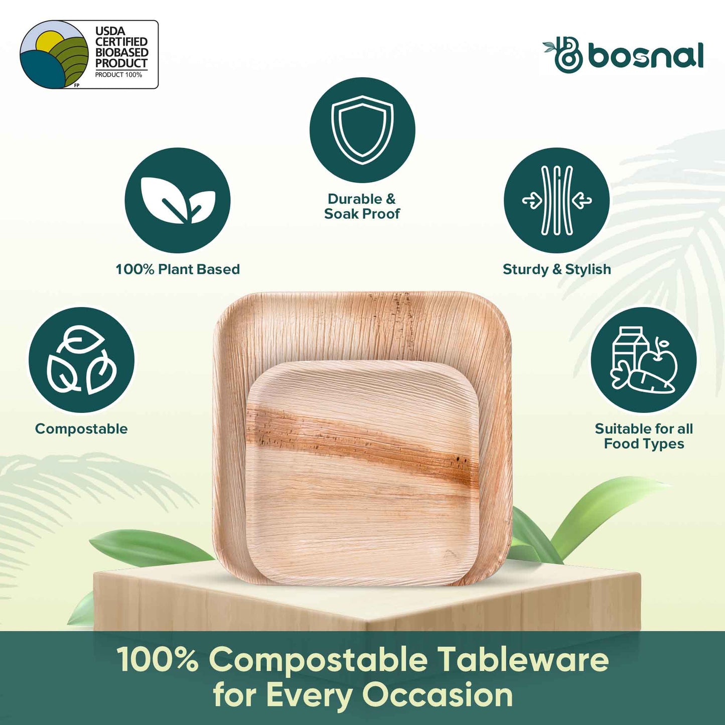 Palm Leaf Biodegradable Square Plates Combo – 50 pcs Set (25 each of 10 inch & 7 inch Plates), Eco-Friendly, Disposable Dinnerware for Parties, Weddings & Events