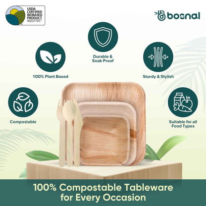 Palm Leaf Biodegradable 10" & 7" Square Plates, 5" Bowls with Cutlery Combo (25 pcs each of Plates, Bowls, Spoons, Knives, 50 Forks), Eco-Friendly, Disposable Dinnerware for Parties, Weddings & Events