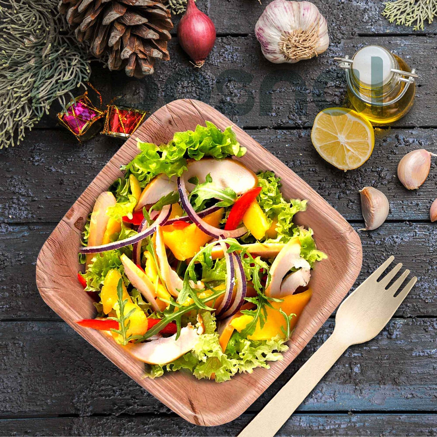 Palm Leaf Biodegradable 10" & 7" Square Plates, 5" Bowls with Cutlery Combo (25 pcs each of Plates, Bowls, Spoons, Knives, 50 Forks), Eco-Friendly, Disposable Dinnerware for Parties, Weddings & Events