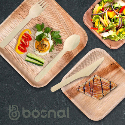Palm Leaf Biodegradable 10" & 7" Square Plates, 5" Bowls with Cutlery Combo (25 pcs each of Plates, Bowls, Spoons, Knives, 50 Forks), Eco-Friendly, Disposable Dinnerware for Parties, Weddings & Events